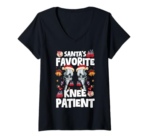 Damen Santas Favorite Knee Patient Knee Replacement Surgery Xmas T-Shirt mit V-Ausschnitt von Knie Operation Kniegelenkersatz Design