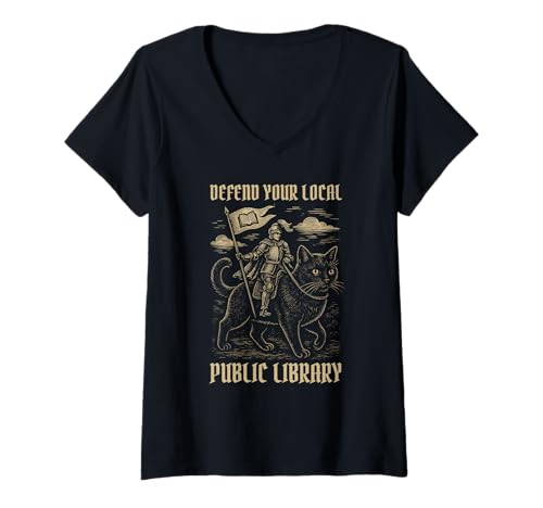 Damen Defend Your Local Public Library Cat Knight - Funny Medieval T-Shirt mit V-Ausschnitt Damen Defend Your Local Public Library Cat Knight - Funny Medieval T-Shirt mit V-Ausschnitt von Knight Cat Reads – Funny Book Fantasy Apparel