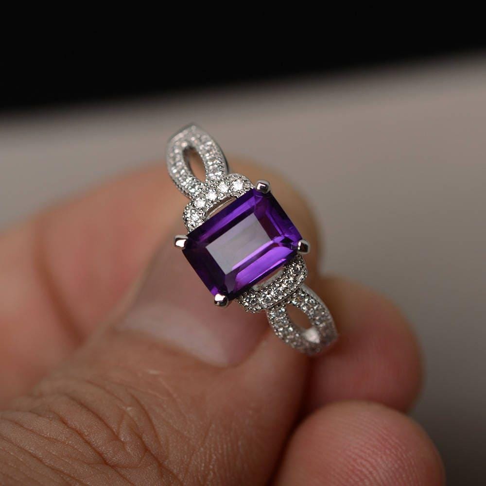 Amethyst Ring Smaragd Geschnitten Verlobungsring Für Sie Silber Lila Edelstein von KnightJewelry