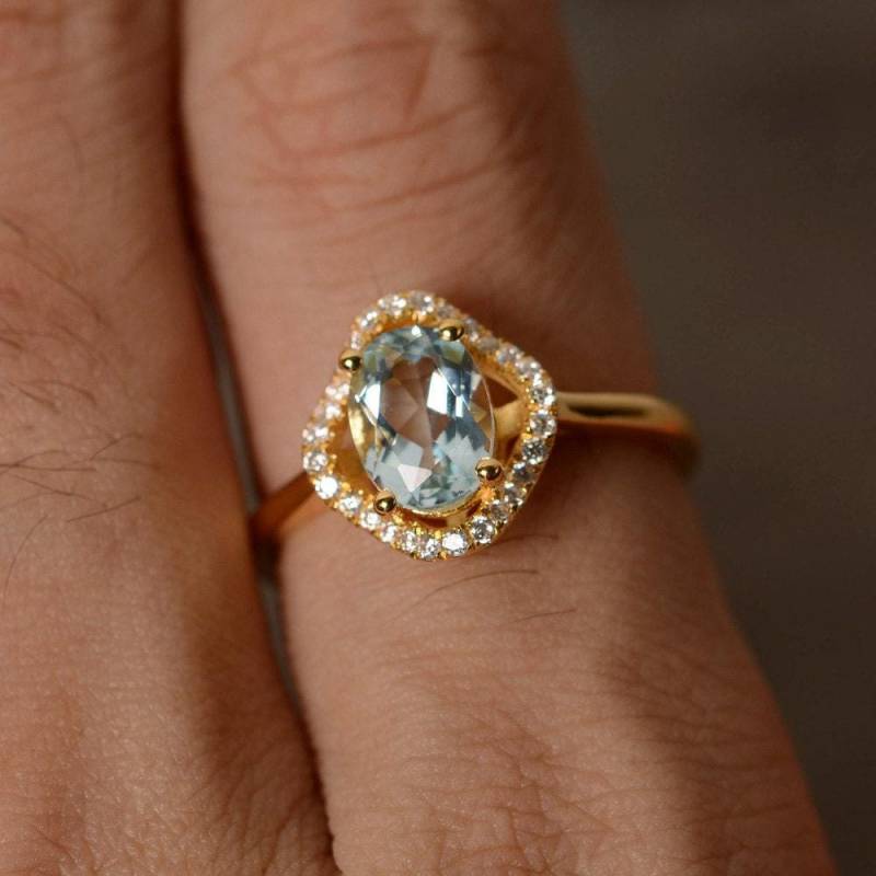 Aquamarin Ring Gelbgold Vergoldet Silber Versprechen Klee März Birthstone von KnightJewelry