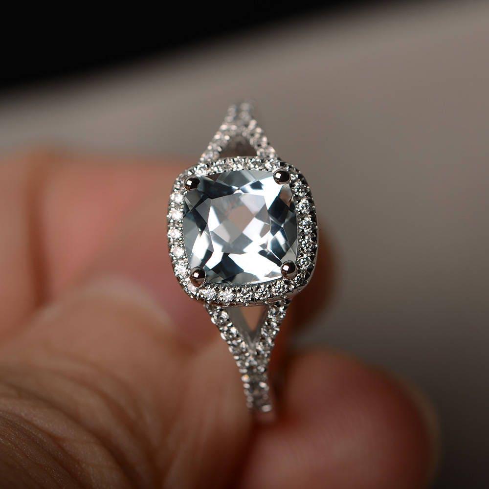 Blauer Edelstein Versprechen Ring Kissen Schnitt Natürlicher Aquamarin März Birthstone Sterling Silber Blauer Edelstein Versprechen Ring Kissen Schnitt Natürlicher Aquamarin März Birthstone Sterling Silber von KnightJewelry