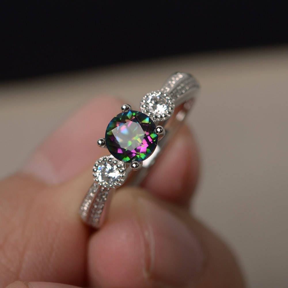 Echt Mystic Topaz Ringe Regenbogen Trauringe Rundschliff Edelsteine Silberring Angepasste von KnightJewelry
