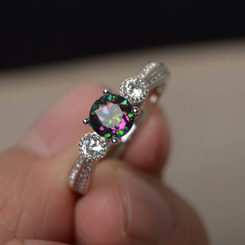 Echt Mystic Topaz Ringe Regenbogen Trauringe Rundschliff Edelsteine Silberring Angepasste von KnightJewelry