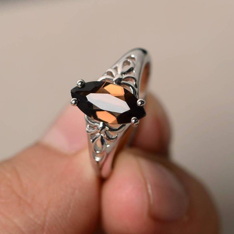 Echte Natürliche Rauchquarz Ringe Cocktailringe Marquise Schnitt Braun Edelstein Silberringe Benutzerdefinierte von KnightJewelry