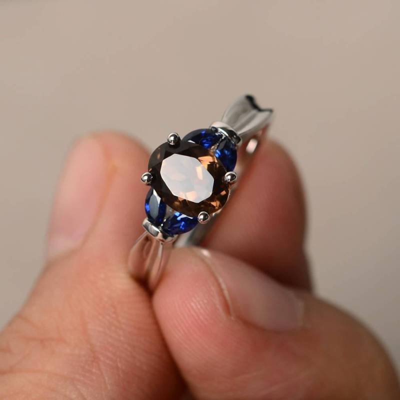 Echte Rauchquarz Ringe Cocktail Oval Form Braun Edelstein Massiv Silber Vintage von KnightJewelry