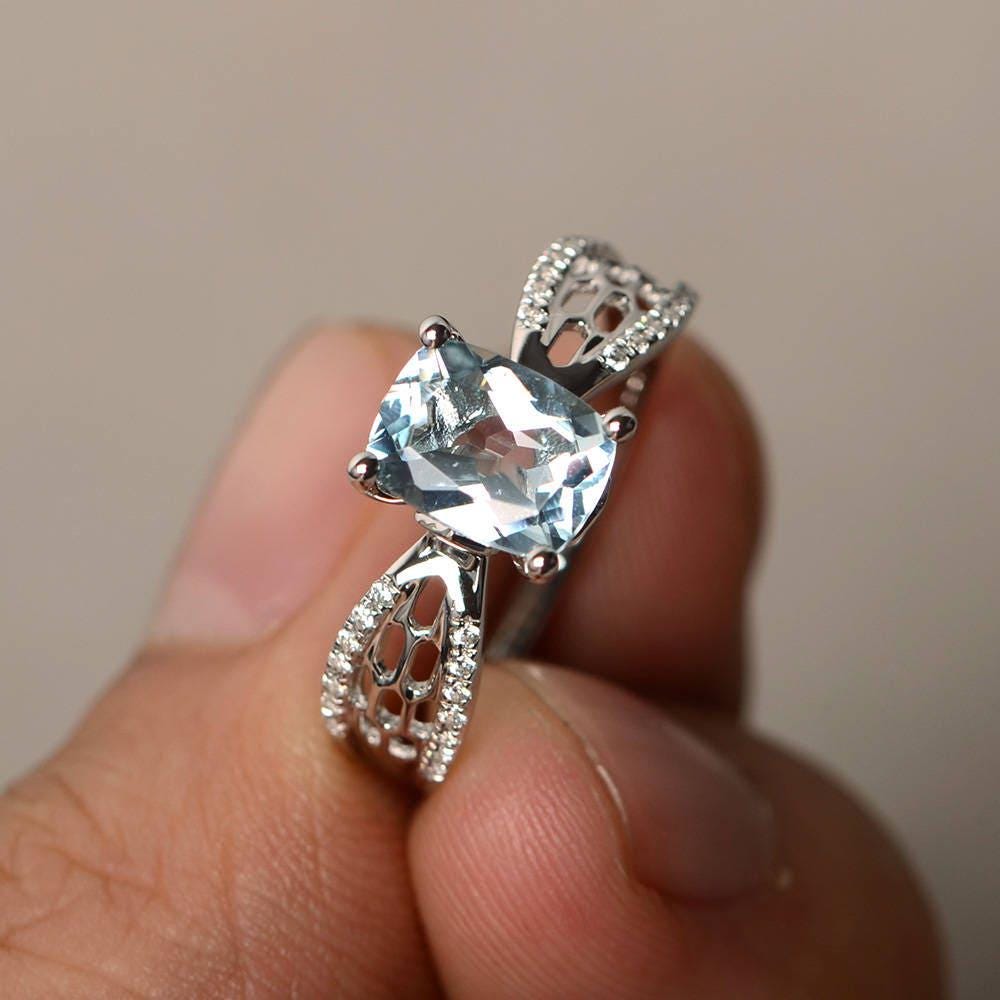 Einzigartige Versprechen Ringe Kissen Geschnitten Natürlichen Blauen Aquamarin März Birthstone Sterling Silber Einzigartige Versprechen Ringe Kissen Geschnitten Natürlichen Blauen Aquamarin März Birthstone Sterling Silber von KnightJewelry