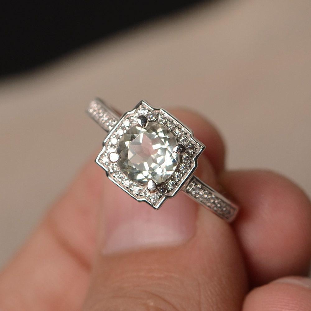 Grüner Amethyst Ringe Rundschliff Edelsteinring Sterlingsilberring Verlobungsring Geschenkringe von KnightJewelry