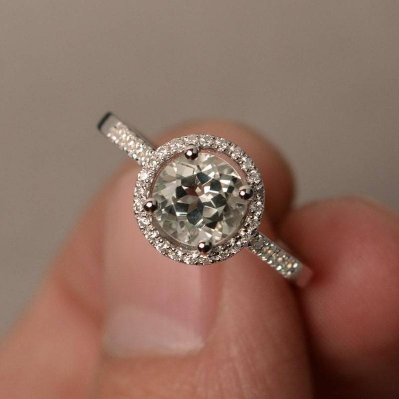 Grüner Amethyst Ringe Verlobungsring Für Mädchen Natürliche Grüne Edelstein Halo Ring Sterling Silber 925 von KnightJewelry
