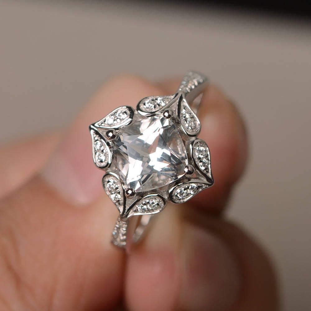 Hochzeit Ring Natürliche Weiße Topas Kissenschliff Edelstein Sterling Silber von KnightJewelry
