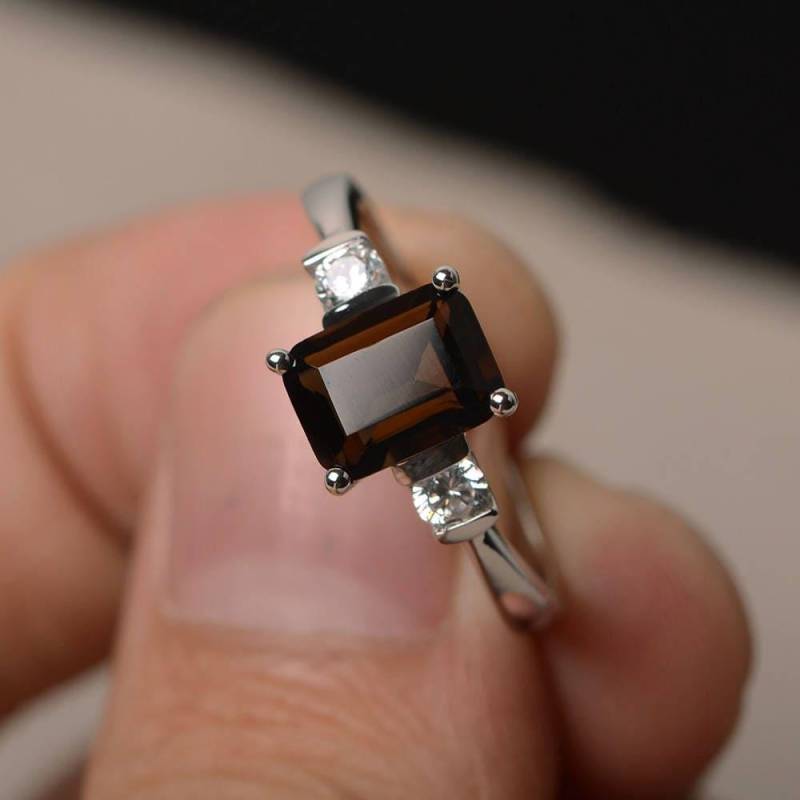 Jubiläum Ring Natürliche Rauchquarz Smaragd Cut Brown Edelstein Sterling Silber von KnightJewelry