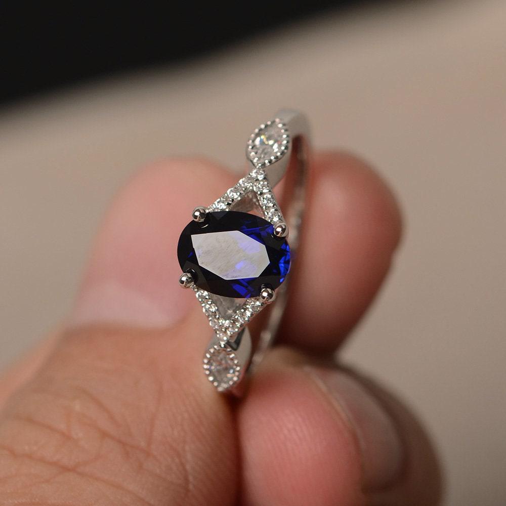 Lab Blau Saphir Ringe Oval Cut September Birthstone Sterling Silber Versprechen Ring von KnightJewelry