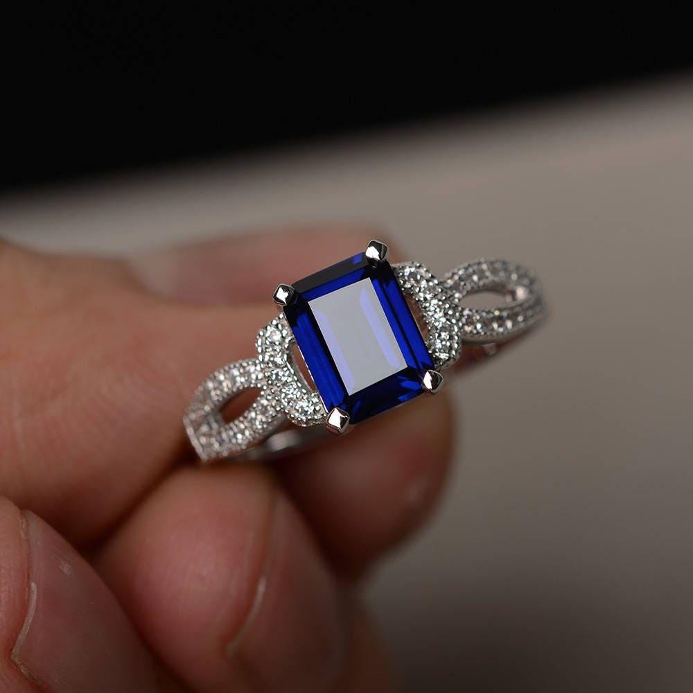 Lab Sapphire Verlobungsring Smaragd Cut Edelstein Schmuck Silber Ringe von KnightJewelry