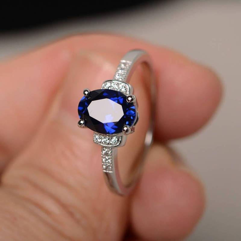 Lab Sapphire Versprechen Ring Sterling Silber Oval Cut Blau Edelstein September Birthstone von KnightJewelry