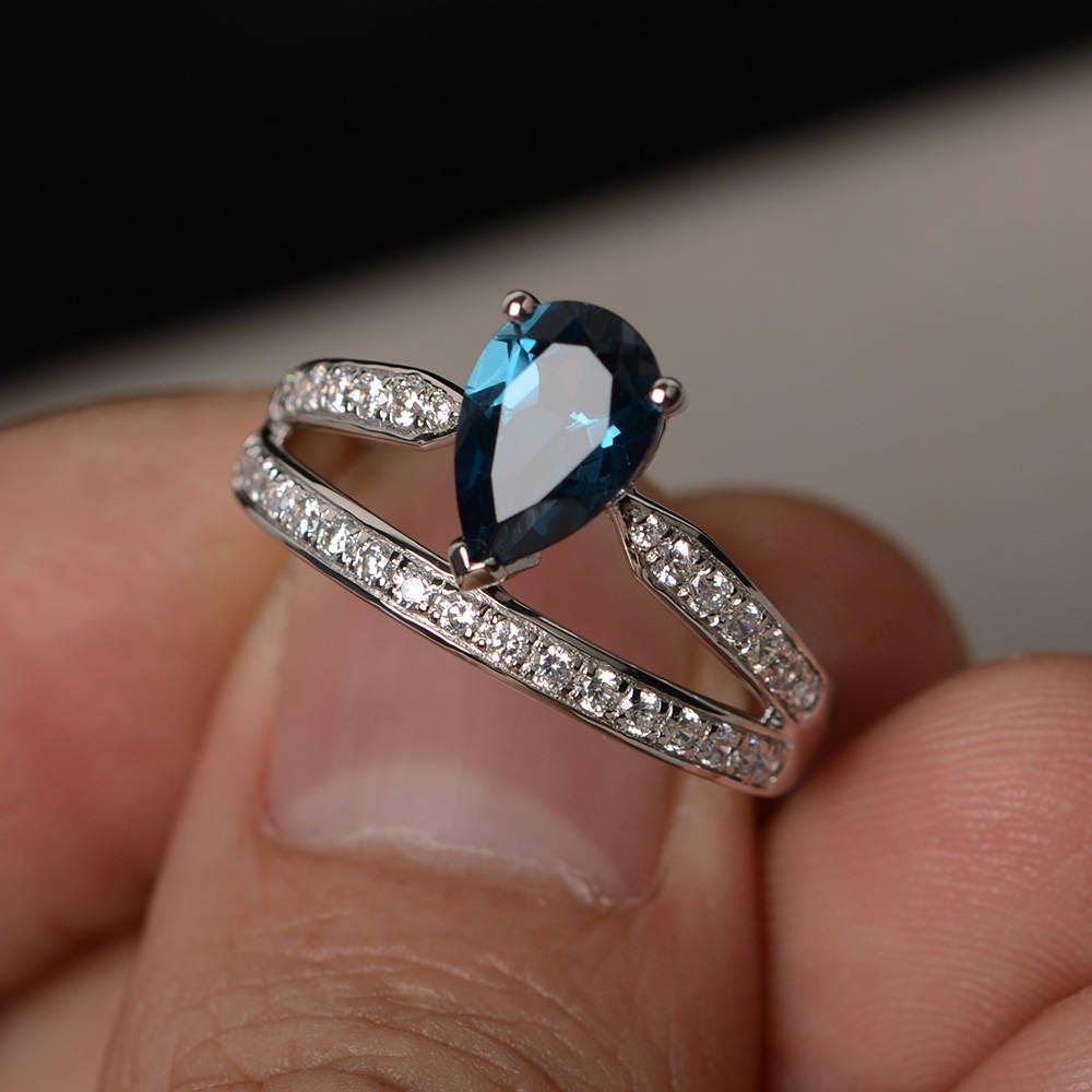 London Blautopas Ring Silber Pear Cut Verlobungsringe Blauer Edelstein Versprechen von KnightJewelry
