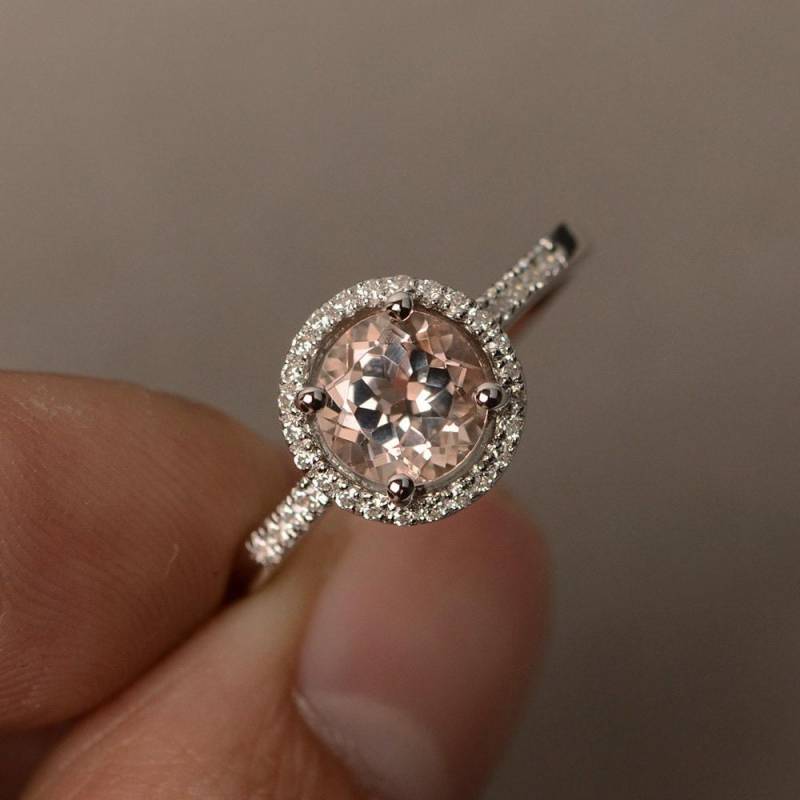 Morganit Ringe Verlobungsring Rosa Edelstein Ring Halo Rundschliff Sterling Silber 925 von KnightJewelry