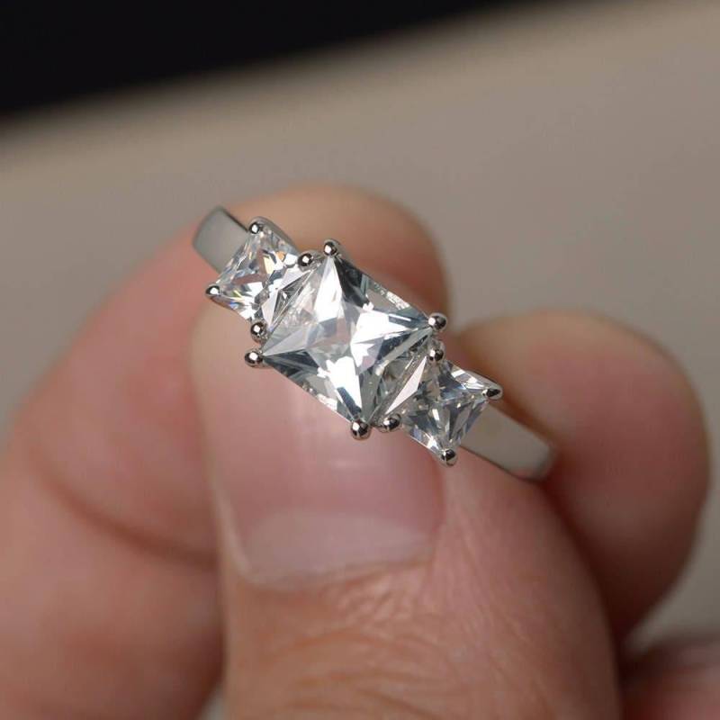 Natürliche Aquamarine Ringe Vorschlag Princess Cut März Birthstone Silberringe Blauer Stein von KnightJewelry