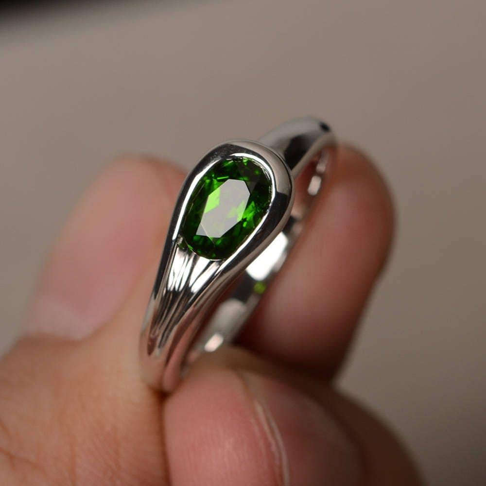 Natürliche Chromdiopsid Ring Ehering Oval Cut Grün Edelstein Sterling Silber von KnightJewelry