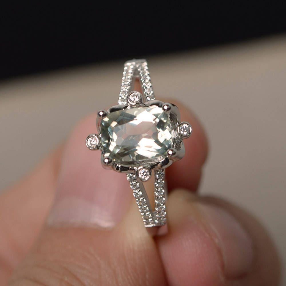 Natürliche Grüne Amethyst Silber Ringe Versprechen Kissenschliff Edelstein Hochzeitsgeschenke von KnightJewelry