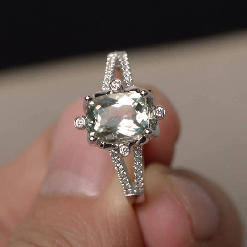 Natürliche Grüne Amethyst Silber Ringe Versprechen Kissenschliff Edelstein Hochzeitsgeschenke von KnightJewelry