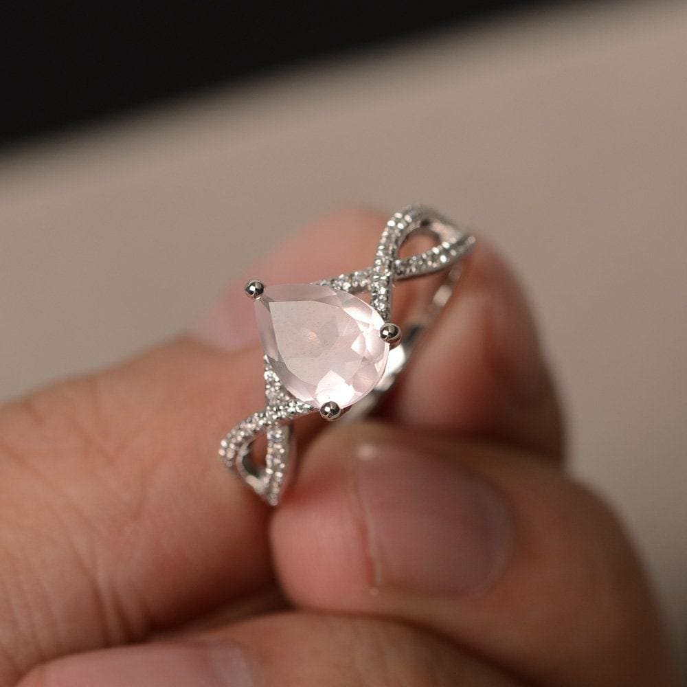 Natürliche Rosenquarz Ring Birne Geschnitten Edelstein Verlobungsring Rosa Sterling Silber von KnightJewelry