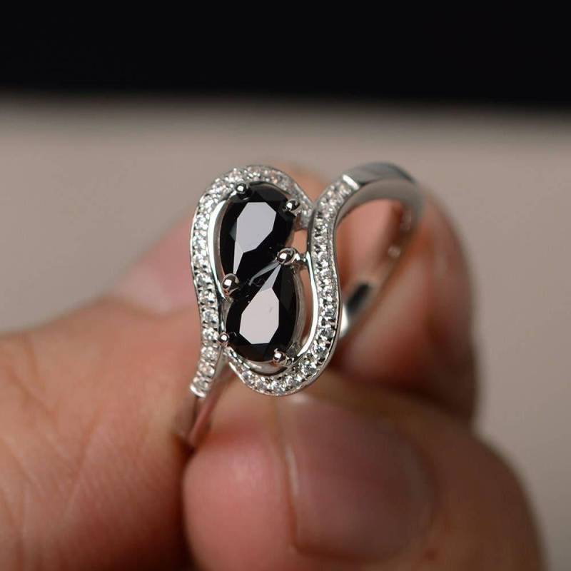 Natürliche Schwarze Spinell Ringe Versprechen Sterling Silber Pear Cut Schwarzer Edelstein Einzigartige von KnightJewelry