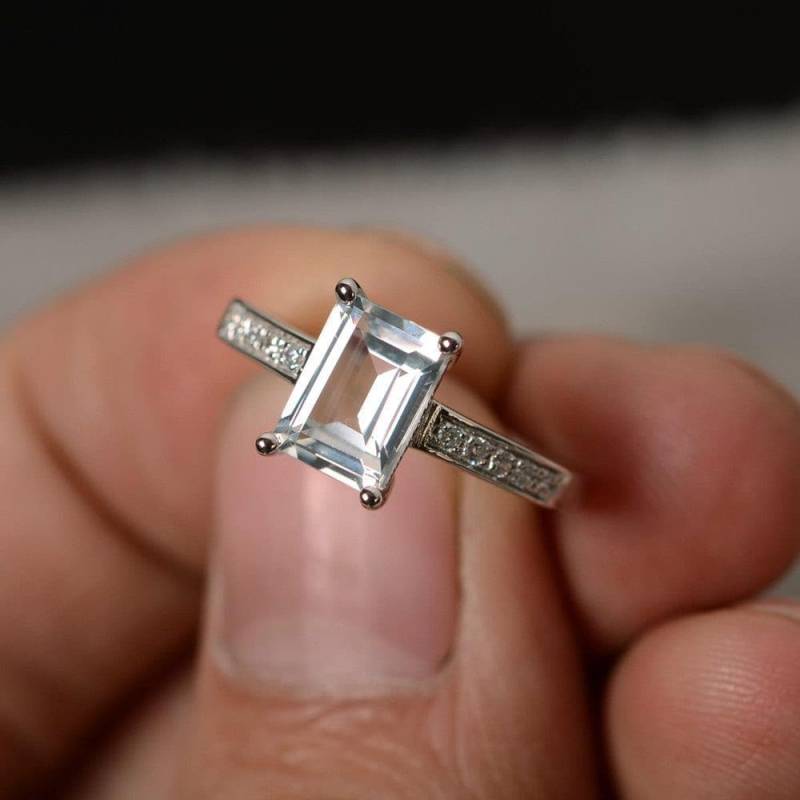 Natürliche Weiße Topas Ring Sterling Silber Smaragd Geschnitten Edelstein Versprechen von KnightJewelry