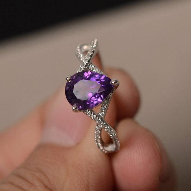Natürlicher Amethyst Ring Pear Cut Edelstein Februar Birthstone Lila Edelsteine Sterling Silber Ehering von KnightJewelry