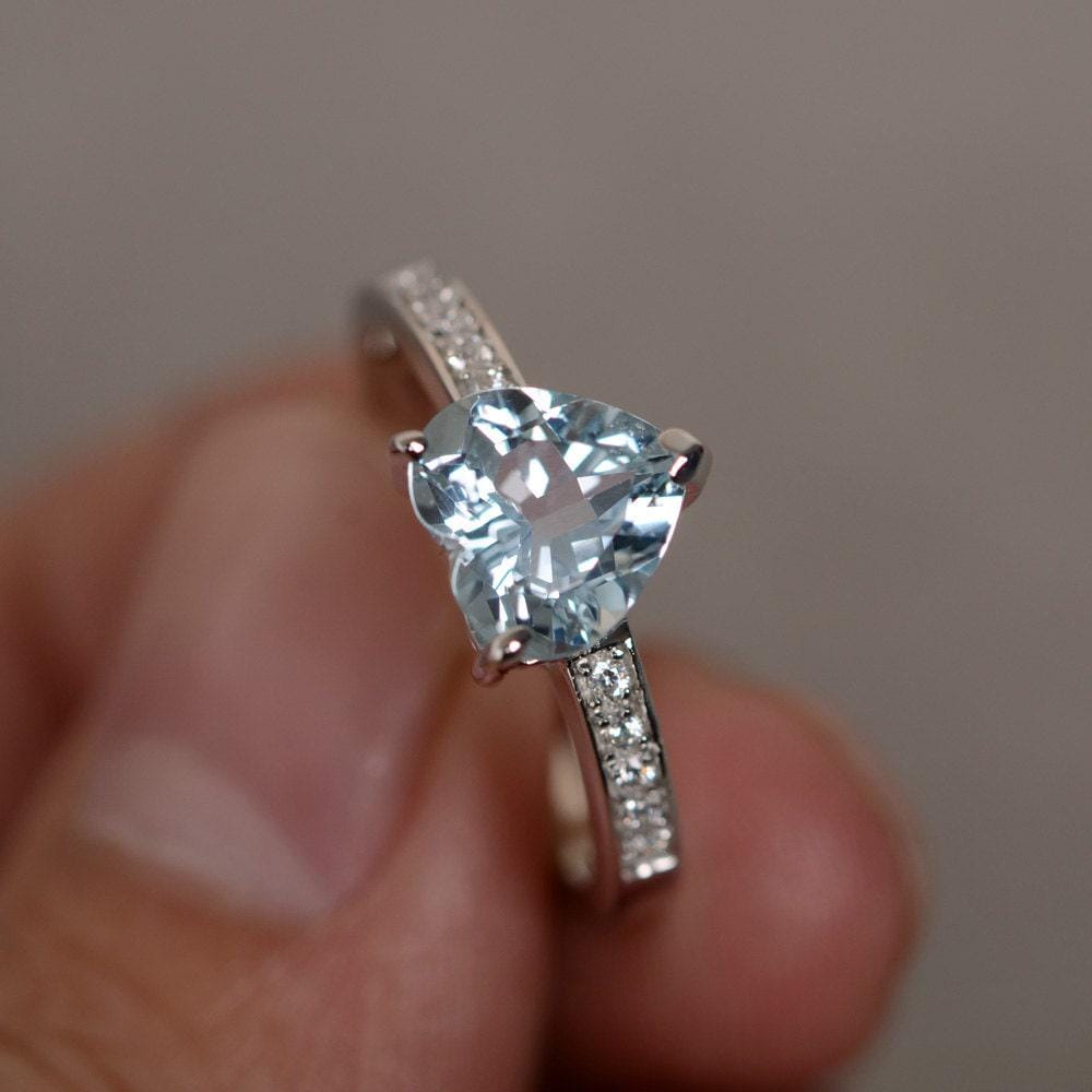 Natürlicher Aquamarin Ring Herz Geschnitten Edelstein Sterling Silber Versprechen März Birthstone Ehering von KnightJewelry