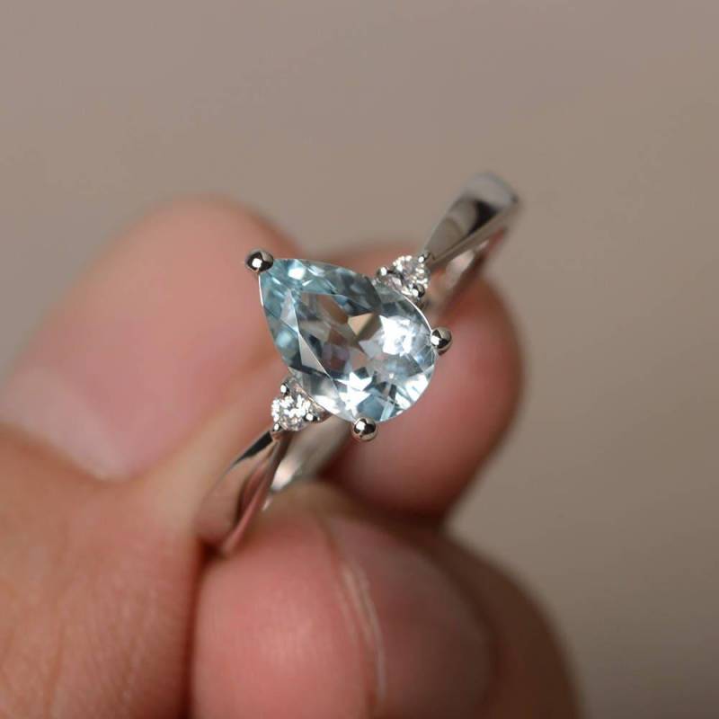 Natürlicher Aquamarin-Ring Versprechen Ring März Birthstone Blaue Edelsteine Sterling Silber Pear Cut Edelstein von KnightJewelry