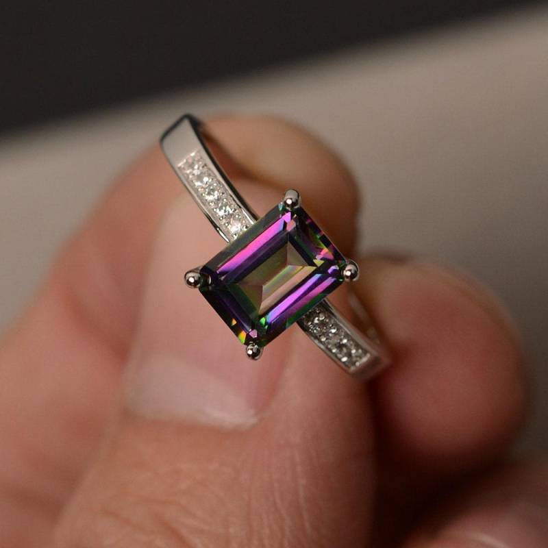Regenbogen Mystic Topaz Ringe Smaragd Geschnitten Edelstein Verlobungsring Versprechensring Für Mädchen Sterling Silber 925 von KnightJewelry