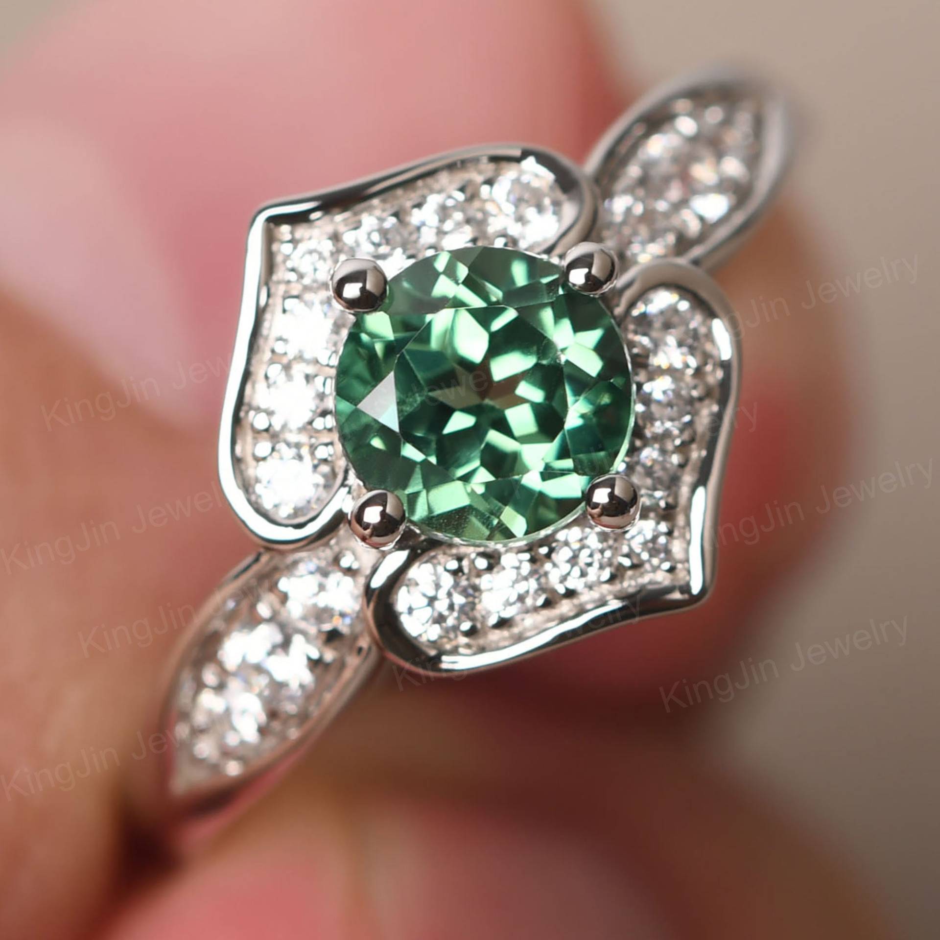 Rundschliff 6 Mm Grün Saphir Doppel Herz Ring Sterling Silber Blumen Verlobungsring Rundschliff 6 Mm Grün Saphir Doppel Herz Ring Sterling Silber Blumen Verlobungsring von KnightJewelry