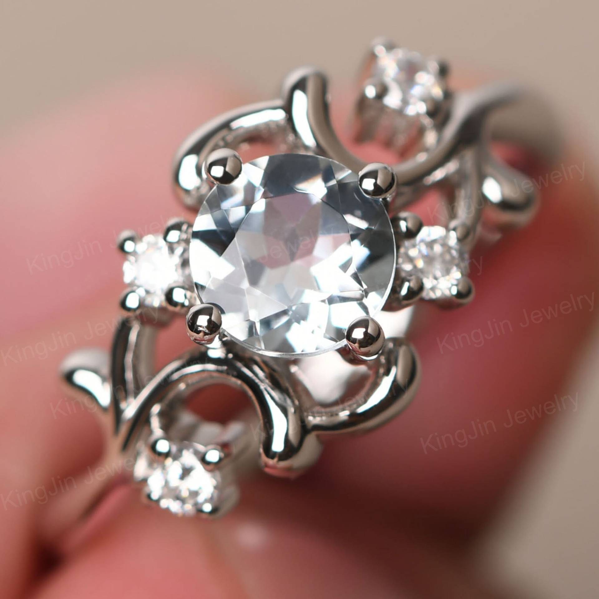 Runde Geschnitten März Birthstone Ring Sterling Silber Aquamarin Zweig Ehering Runde Geschnitten März Birthstone Ring Sterling Silber Aquamarin Zweig Ehering von KnightJewelry