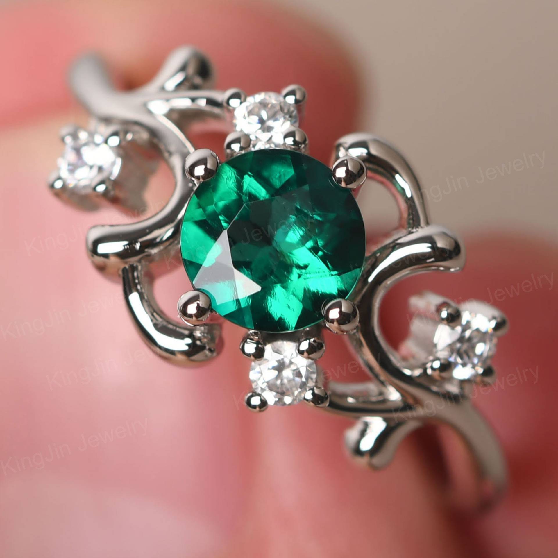 Rundschliff Smaragd Zweig Verlobungsring Sterling Silber Cluster Mai Birthstone Ring Rundschliff Smaragd Zweig Verlobungsring Sterling Silber Cluster Mai Birthstone Ring von KnightJewelry