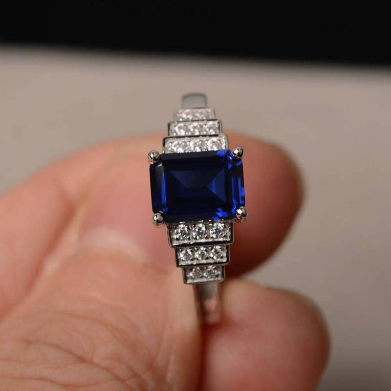 Smaragd Geschnitten Lab Blau Saphir Ring Ehering Sterling Silber Edelstein September Birthstone von KnightJewelry