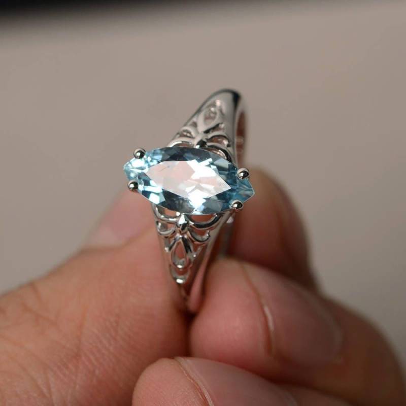 Solitaire Ringe Natürliche Blaue Aquamarine Hochzeitsringe März Birthstone Marquise Cut Gems Sterling Silber von KnightJewelry