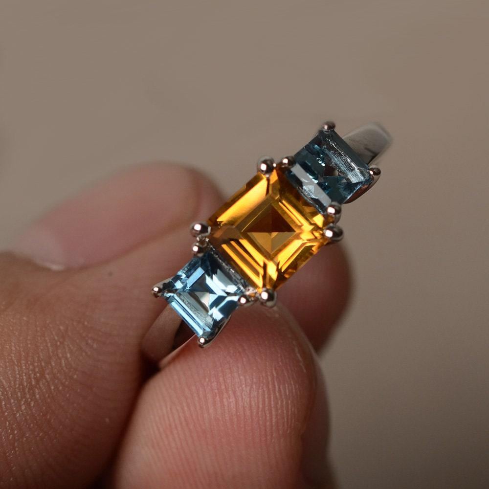 Square Cut London Blue Topaz Und Citrin Ring Sterling Silber von KnightJewelry