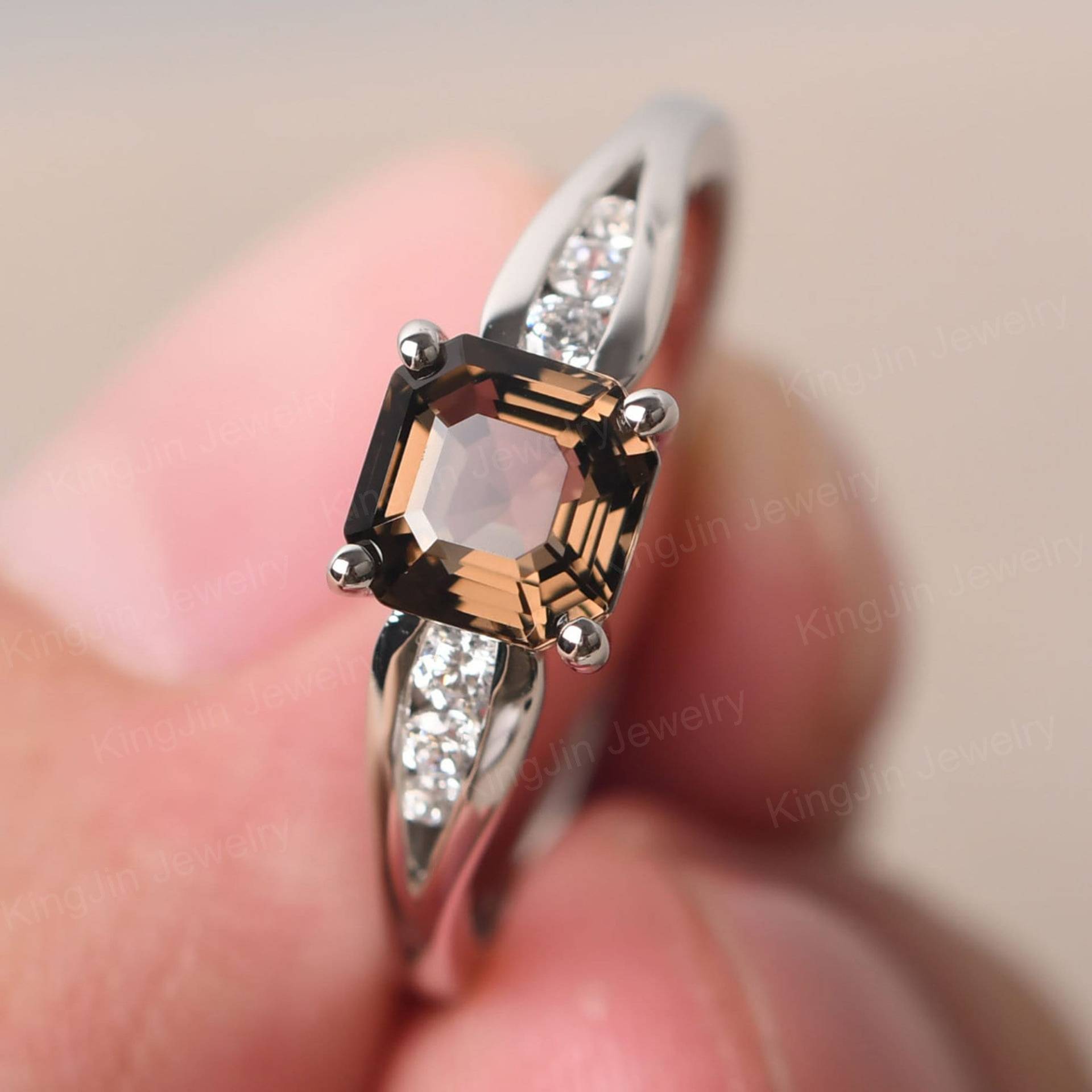 Sterling Silber Rauchquarz Ehering Asscher Schliff Braun Stein Statement Ring von KnightJewelry