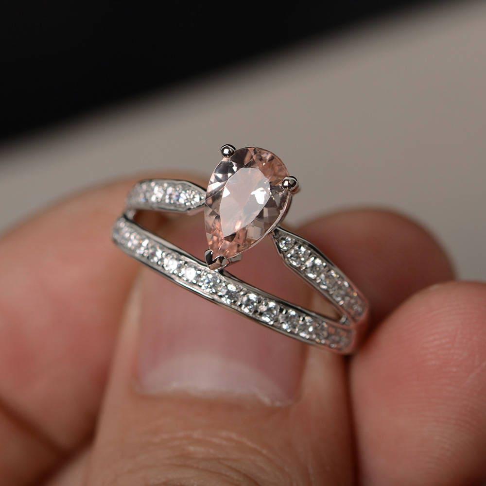 Tear Drop Morganit Verlobungsring Pink Edelstein Ring Krönchenring Silber von KnightJewelry