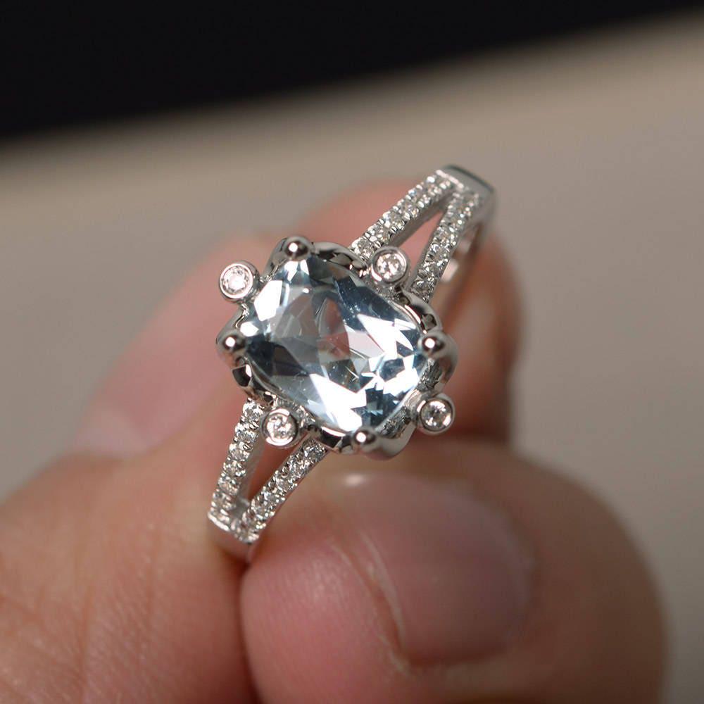 Vorschlag Ringe Natürliche Aquamarin Kissenschliff Blau Edelsteine März Geburtsstein Massiv Silber von KnightJewelry