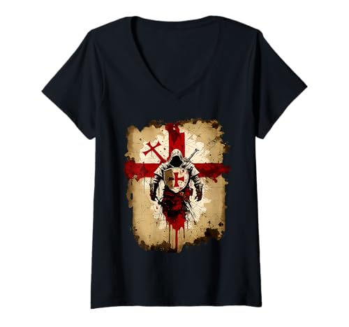 Damen Crusader Knights Templar Shirt Crusader Distressed Cross T-Shirt mit V-Ausschnitt von Knights Templar Crusader Distressed Cross Apparel
