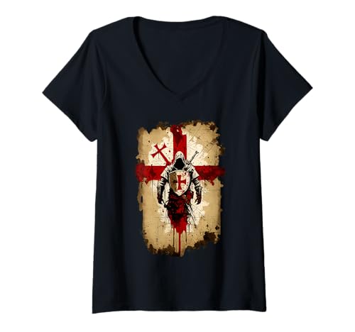 Damen Crusader Knights Templar Shirt Crusader Distressed Cross T-Shirt mit V-Ausschnitt von Knights Templar Crusader Distressed Cross Apparel