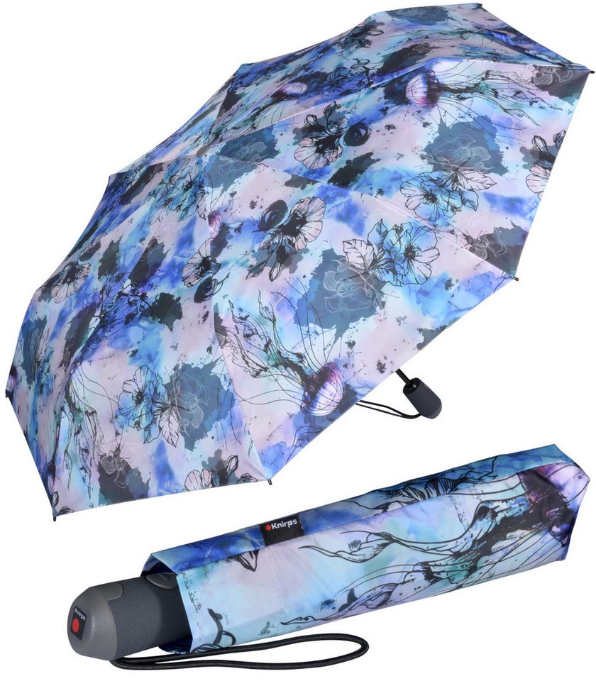 Knirps® Taschenregenschirm E.200 Duomatic mit leichtgängiger Auf-Zu-Automatik, mit schönem, blau-rosa Blüten Muster von Knirps®