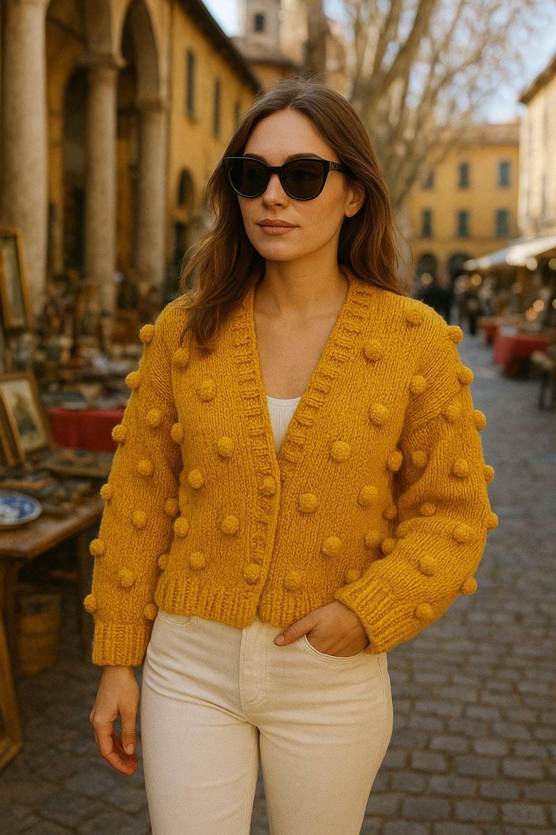 Handgemachte Senffarbene Bommel-Jacke 1960Er Jahre Retro Strickjacke Handgemachte Senffarbene Bommel-Jacke 1960Er Jahre Retro Strickjacke von KnitKnotLand