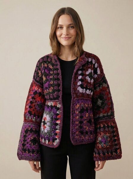 KnitToChange Gehäkelte Granny-Square-Strickjacke in Violett- und Rottönen von KnitToChange