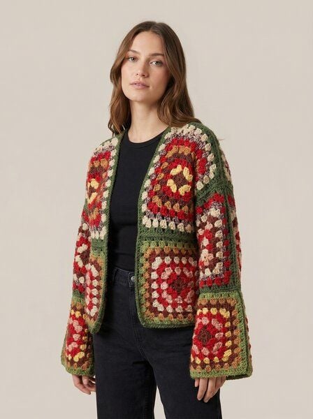 KnitToChange Gehäkelte Granny-Square-Strickjacke in warmen Herbsttönen von KnitToChange