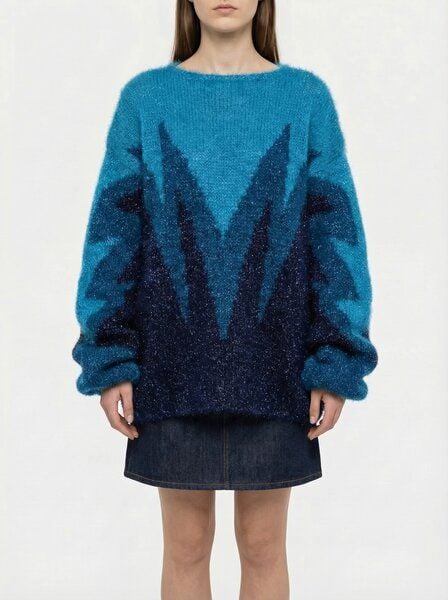 KnitToChange Handgestrickter Oversize-Pullover in Blau- und Dunkelblautönen mit grafischem Design von KnitToChange