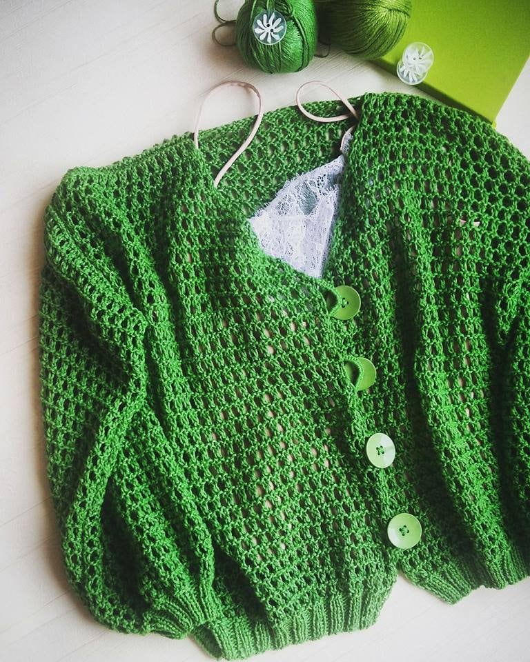 Strickjacke Aus Baumwolle Mit Lochmuster, Boho-Cardigan Für Damen, Strickbluse Baumwolle, Locker Sitzender Cardigan, Kurzes Baumwolltop von Knitalina