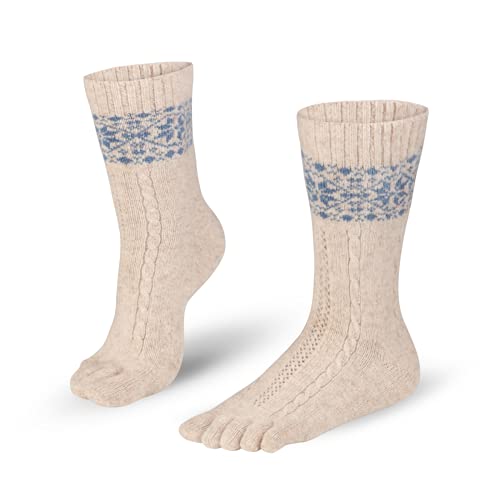 Knitido Merino Cashmere Snowflakes, weiche, warme Winter-Zehensocken, Größe:35-38, Farbe:beige/blau (107) von Knitido