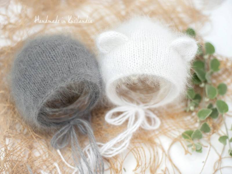 Neugeborenen 100% Angora Mütze, Fuzzy Hat Einfarbig Oder Mit Ohren, Bärenmütze, Newborn Photo Prop von Knitlandia