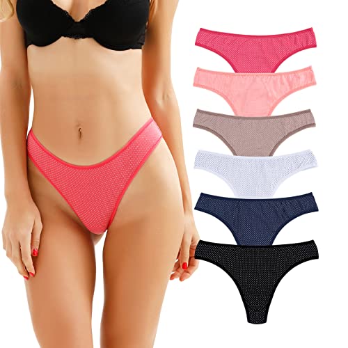 KNITLORD String Tanga Damen, Unterwäsche aus Baumwolle, atmungsaktive Unterhosen No Show Thong, Hipster, 6er-Pack - Basisfarben - Medium von KNITLORD